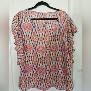 Ariat Womens XXL Patterned Print Red/ Blue  Lightweight Flowy Ruffle Sleeve Top